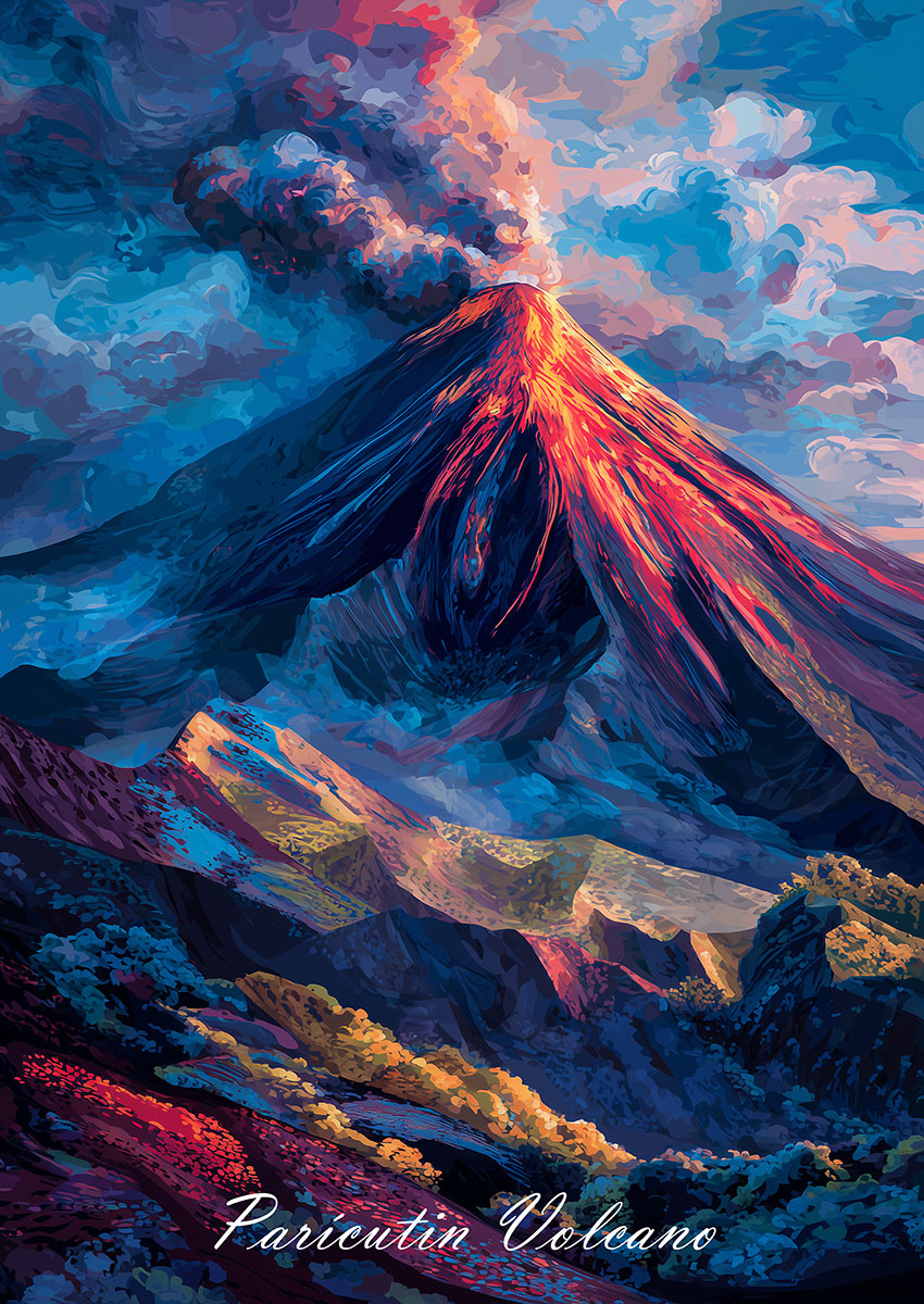 Dramatic artwork of Paricutin Volcano erupting with vivid colours and dynamic clouds.